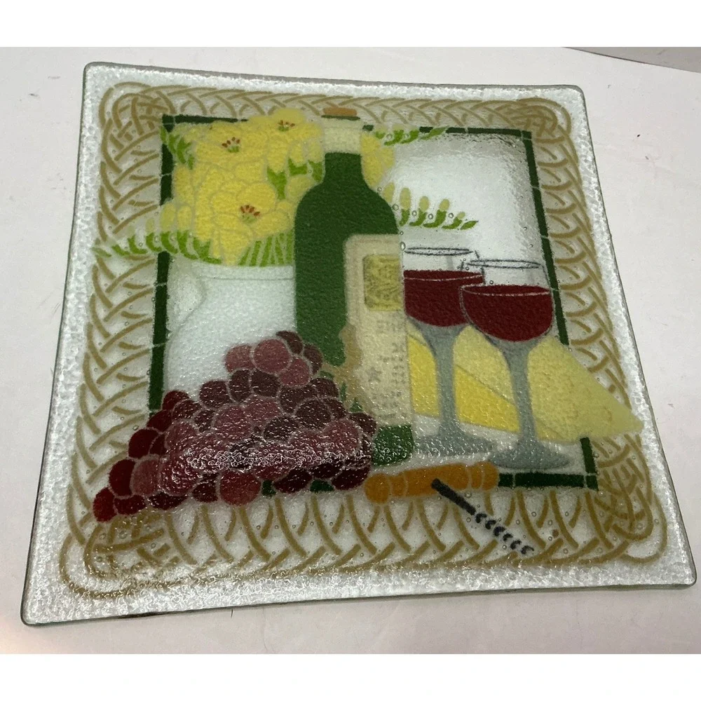 Glass‎ Platter Wine Cheese Grapes Still Life 11.5in Square Kitchen Decor